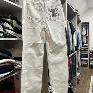 White Jeans with Celine Embroidered Logo